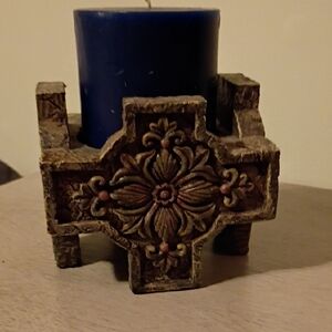 Rustic/Celtic Brown Candle Holder with Blue Candle